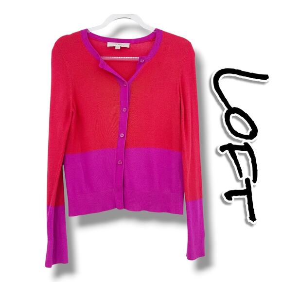 LOFT Colorblock Orange Magenta Cardigan Sweater Lightweight Womens Size Med - Picture 1 of 11